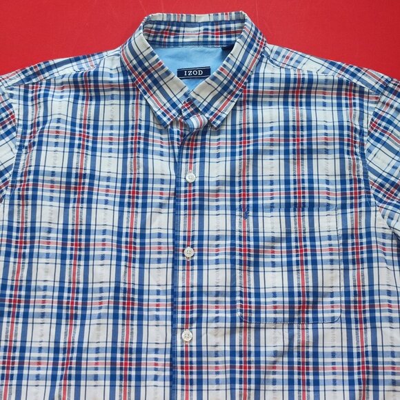 IZOD button down short sleeve shirt white blue red plaid men's size L - Picture 2 of 5